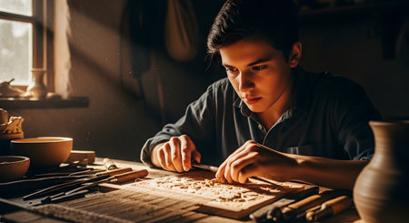 A young, focused craftsman is meticulously carving an intricate design into a wooden plank in his rustic workshop. A beautiful beam of light from a nearby window illuminates the scene, highlighting the concentration on his face and the dust motes in the air. The image celebrates traditional craftsmanship, skill, and dedication.の素材