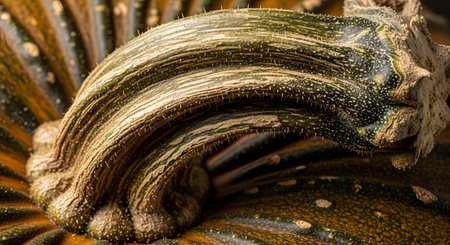 An extreme close-up macro photograph captures the rough, woody texture of a pumpkin stem. The gnarled, curved stalk shows intricate details and patterns, highlighting the natural beauty of the autumn harvest gourd.の素材