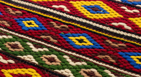 A detailed macro view of a traditionally woven textile, such as a rug or tapestry, with vibrant geometric patterns. The rich colors of the red, yellow, blue, and green threads and the texture of the weave are clearly visible.の素材