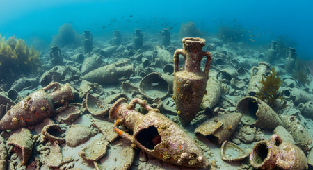 A wide underwater photograph of an ancient Roman or Greek shipwreck site, with the seabed covered in numerous clay amphorae. The historical artifacts are scattered and broken, now serving as an artificial reef for marine life. The image captures a fascinating glimpse into maritime history and archaeology.の素材