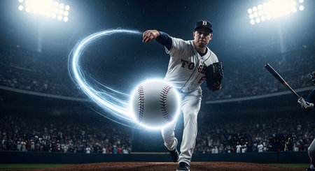 In a packed stadium at night, a baseball pitcher unleashes a powerful throw, with the baseball glowing and leaving a trail of blue light. This stylized action shot captures the speed, power, and excitement of a high-stakes professional baseball game.の素材