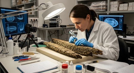 A female archaeologist or scientist in a laboratory carefully examines an ancient, barnacle-covered wooden artifact with a magnifying glass. She is surrounded by research equipment and computer screens displaying technical drawings, suggesting the analysis of a shipwreck or historical object. The scene conveys dedication to scientific research, history, and discovery.の素材