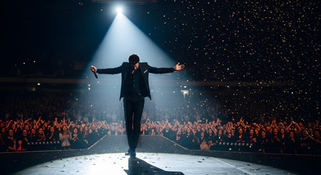 A male singer, dressed in a black suit, stands center stage with his arms outstretched, basking in the adoration of a massive audience. A single, bright spotlight illuminates him as confetti falls, capturing the triumphant peak of a live concert performance.の素材