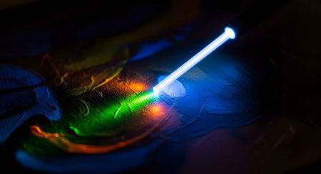 A glowing light pen illuminates a dark, textured surface, revealing vibrant neon colors in its path. The tool appears to be activating phosphorescent or fluorescent paint, creating a magical and artistic effect. The image represents creativity, technology, and light painting.の素材