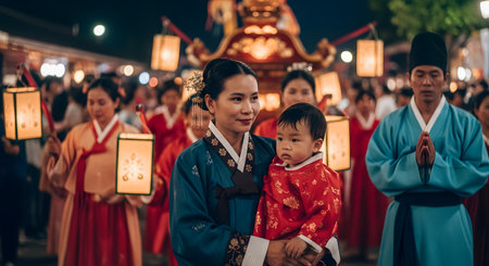 During a night festival, a Korean mother wearing a traditional hanbok holds her young child, who is also in festive attire. They are surrounded by other people in a procession carrying glowing paper lanterns, celebrating Korean culture and heritage.の素材