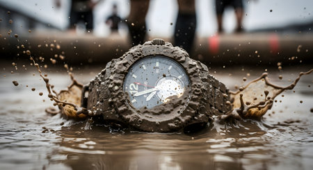 A tough, military-style watch is covered in mud as it splashes through a murky puddle. The dynamic action shot, with racers blurred in the background, demonstrates the watch's durability, waterproof features, and suitability for extreme sports like obstacle course racing.の素材