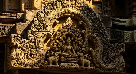 A detailed stone carving of a deity seated between two elephants, part of the ornate decoration of an ancient temple, Banteay Srei in Cambodia. The warm sunlight highlights the intricate details of the Khmer architecture.の素材