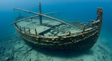 An incredibly well-preserved ancient shipwreck rests on the sandy ocean floor in clear blue water. The wooden hull is intact, and the cargo hold is filled with rows of clay amphorae. The image is a stunning snapshot of maritime history, offering a window into ancient trade and seafaring.の素材