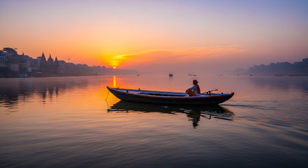 A lone boatman peacefully paddles his wooden boat on the calm waters of the Ganges River during a serene sunrise in Varanasi, India. The silhouette of the ancient city's ghats is visible in the background against a colorful sky. The scene is one of tranquility, spirituality, and timeless tradition.の素材