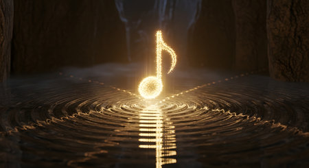 A single, glowing musical eighth note made of sparkling particles levitates above a dark water surface, creating gentle ripples. The magical and ethereal scene symbolizes the power, beauty, and transcendent nature of music.の素材