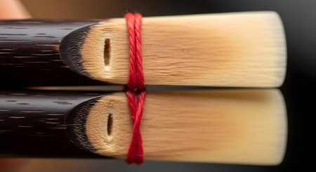 An extreme macro photograph focuses on the tip of a classical string instrument's bow. The fine details of the dark, textured wood of the frog and the bundled horsehair are clearly visible, tied securely with a vibrant red thread. The image reflects the craftsmanship and precision of musical instruments.の素材