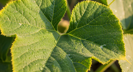 A macro shot of a large, vibrant green leaf, possibly from a zucchini or pumpkin plant, dotted with fresh morning dew. Sunlight illuminates the intricate veins and texture of the leaf, creating a scene of natural beauty and freshness.の素材