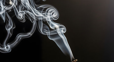 A thin stream of white smoke rises from an incense stick, creating elegant and intricate swirls against a solid black background. The graceful patterns of the smoke are captured in detail, making a beautiful abstract image. The scene evokes tranquility, aromatherapy, and meditation.の素材