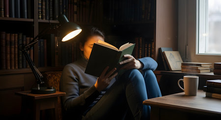 A person sits in a comfortable chair in a dark, moody library, completely absorbed in a book illuminated by the warm glow of a desk lamp. The setting, with its towering bookshelves, creates a cozy and scholarly atmosphere perfect for quiet study and focus.の素材