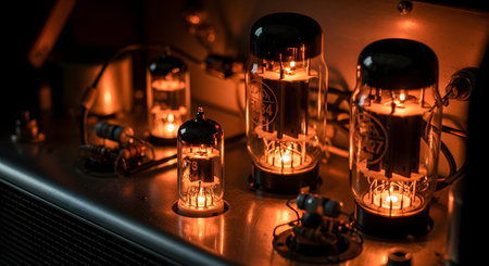 A warm, detailed close-up of several glowing vacuum tubes inside a vintage guitar amplifier or hi-fi stereo system. The filaments inside the glass tubes emit a soft orange light, illuminating the complex electronics. This image evokes nostalgia and represents high-quality analog audio, music, and retro technology.の素材