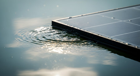 A close-up image of a solar panel partially submerged in water, creating gentle ripples on the surface that reflect the bright sky. This represents the concept of floating solar farms, combining clean energy generation with water resources for a sustainable future.の素材