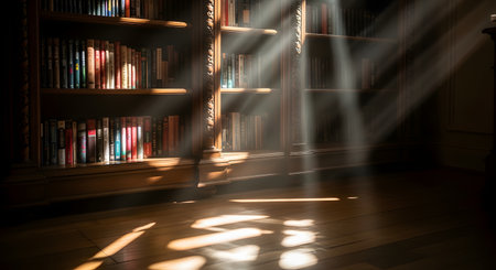 Beams of sunlight stream through a window into a dark, classic library, illuminating dust particles in the air. The light falls across a wooden floor in front of ornate, carved wooden bookshelves filled with old books.の素材