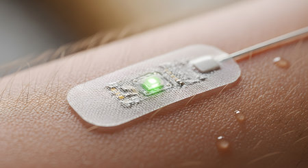 A macro photograph of a futuristic biomedical sensor patch attached to a person's skin. The transparent, flexible patch contains intricate circuitry and a glowing green LED, symbolizing advancements in wearable technology, health monitoring, and personalized medicine.の素材