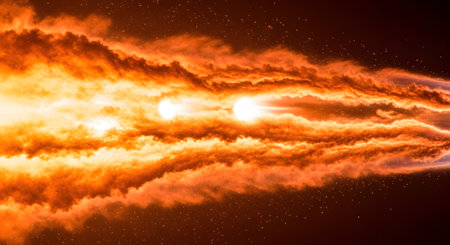 An abstract and dramatic visualization of a massive solar flare or celestial explosion in deep space. Raging streams of fire and plasma erupt across the darkness, dotted with stars, conveying immense power, heat, and cosmic energy.の素材