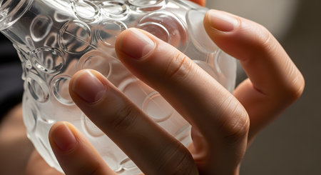 A close-up shot of a person's hand gently holding a piece of clear, textured glassware. The focus is on the fingers and the intricate, circular pattern of the glass, conveying a sense of touch, delicacy, and appreciation for craftsmanship.の素材
