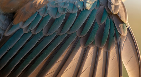 A beautiful close-up of a bird's wing, showcasing the detailed structure and layered arrangement of its feathers. The tips of the feathers are a lovely teal-turquoise color, contrasting with the brown and grey tones, all gently backlit by warm sunlight. The image highlights the delicate texture and natural artistry of a bird's plumage.の素材