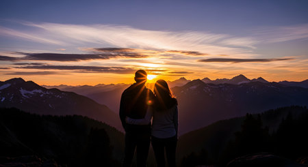 The silhouette of a romantic couple is seen from behind as they stand together, watching a spectacular sunset over a vast mountain range. The sky is painted with warm colors of orange and purple, and the sun's rays flare between them. The image captures a moment of peace, love, and shared adventure in nature.の素材
