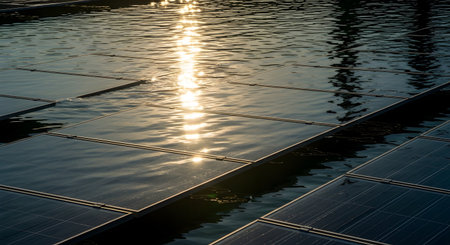 A floating solar farm with photovoltaic panels installed on a body of water, with the bright sunlight reflecting and shimmering on the surface. This image showcases an innovative method of generating clean, renewable energy.の素材