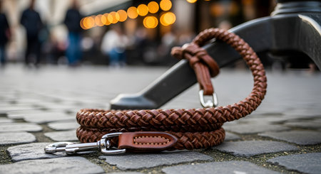 A brown, braided leather dog leash is coiled on an old cobblestone street, with its metal clasp in the foreground. The background is a blurry city scene with people and warm bokeh lights, suggesting a moment of waiting.の素材