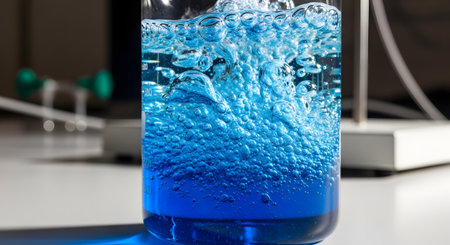 A close-up view of a glass beaker in a laboratory, filled with a vibrant blue liquid that is bubbling vigorously. The image captures a dynamic moment of a chemical reaction, scientific experiment, or research process.の素材