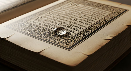 A close-up shot of a single, clear water droplet resting on the page of an ancient, yellowed book with ornate gothic text. The droplet acts as a magnifying glass, enlarging the words beneath it and symbolizing clarity, knowledge, and history.の素材