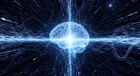 An illuminated digital representation of a human brain is at the center of a complex network of light trails and data streams. This conceptual image represents artificial intelligence, machine learning, big data, and futuristic technology. The glowing neural pathways suggest active thought processes and information flow.の素材