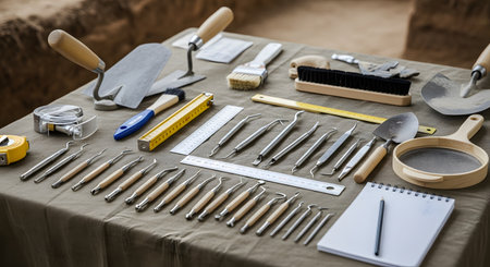 A variety of professional archaeology tools are neatly arranged on a cloth-covered table at an archaeological dig site. The collection includes trowels, brushes, dental picks, rulers, and a sieve, representing the meticulous work of excavation, history, and scientific discovery.の素材