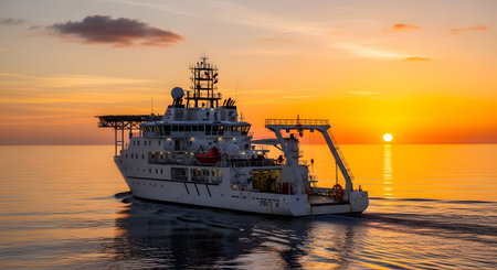 A large, white research vessel sails on a calm sea during a beautiful golden sunset. The ship is equipped with cranes, a helipad, and scientific equipment, suggesting oceanographic exploration, marine research, or an expedition.の素材
