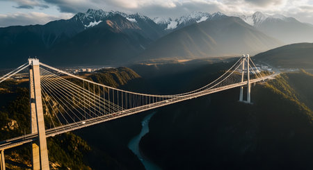 An aerial view of a massive, modern cable-stayed bridge spanning a deep river canyon in a mountainous region. Snow-capped peaks line the horizon under a dramatic sky, with warm sunlight highlighting the impressive feat of engineering.の素材