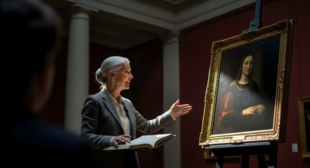 An elegant, senior female art curator giving a lecture in a museum gallery. She is gesturing towards a classical portrait painting on an easel, which is illuminated by a spotlight, creating a sophisticated and educational atmosphere.の素材