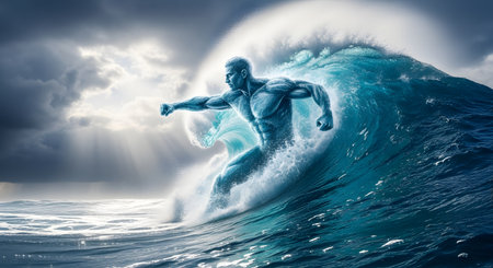 An epic fantasy illustration of a powerful, muscular male figure made of water, riding and controlling a massive ocean wave. Dramatic sun rays break through the clouds in the background, illuminating the scene with a sense of mythical power and strength. This AI-generated image blends concepts of surfing, mythology, and elemental control.の素材