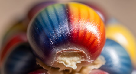 An extreme macro photograph of a single kernel of Glass Gem corn, showcasing its incredible rainbow of colors, from deep blue to red and yellow. The smooth, glossy surface and vibrant hues highlight the unique beauty and biodiversity of this heirloom corn variety. The image represents nature, agriculture, and uniqueness.の素材