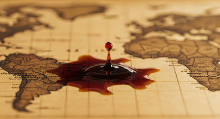 A single drop of dark red liquid is captured mid-splash as it lands on the surface of a vintage, sepia-toned world map. The image can symbolize global issues, trade, conflict, or the impact of a single event on the world.の素材