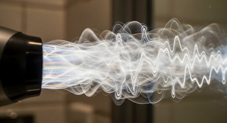 A creative abstract image showing a hairdryer emitting visible waves of smoke or energy, stylized to look like sound or heat waves. The aural or thermal energy is visualized as a complex, swirling pattern against a blurred background, representing power and flow.の素材