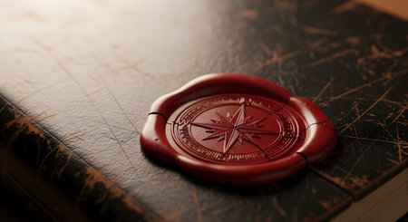 A close-up of a vibrant red wax seal, stamped with a compass rose emblem, on the textured cover of an old, leather-bound book. The image evokes themes of history, adventure, secrets, official correspondence, and classic literature.の素材