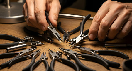 A close-up shot of a jeweler's or craftsman's hands arranging a variety of precision pliers on a wooden workbench. The tools are neatly laid out, suggesting meticulous work, craftsmanship, and a focus on detail.の素材