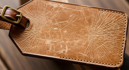 A detailed macro shot of a worn, brown leather luggage tag, showing scratches and creases on its textured surface. The tag features fine stitching and a brass buckle, evoking a sense of travel, memories, and durability. The rich texture suggests a history of many journeys.の素材