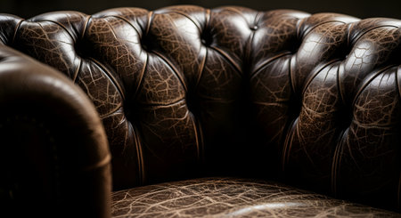 A luxurious close-up of a dark brown Chesterfield armchair, focusing on the deep button-tufted back and the rich, cracked texture of the aged leather. The image conveys a sense of classic comfort, vintage style, and sophisticated interior design.の素材