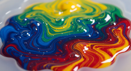A vibrant macro shot of red, yellow, blue, and green paints swirling and mixing together in a glossy, liquid pool. The intermingling colors create a dynamic and abstract pattern, representing creativity, art, and fusion.の素材