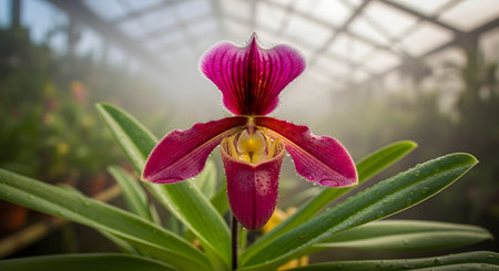 A stunning close-up of a vibrant magenta Paphiopedilum, or slipper orchid, with delicate water droplets on its petals. The flower is in sharp focus against a soft-focus background of lush green leaves and a greenhouse structure. The image captures the exotic beauty and intricate details of the tropical flower.の素材