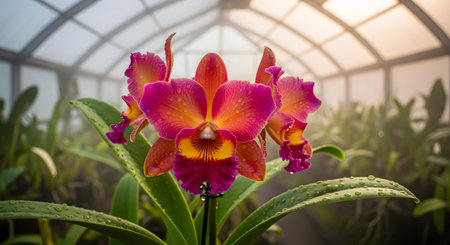 A stunningly vibrant pink and orange Cattleya orchid is in full bloom, its petals and leaves covered in delicate water droplets. The flower is the focal point within a misty, humid greenhouse, creating a lush and tropical atmosphere.の素材