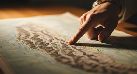 A close-up shot of a person's finger pointing at a specific location on a detailed topographical map spread across a wooden table. The warm, focused lighting suggests planning an adventure, a strategic journey, or navigating towards a goal.の素材