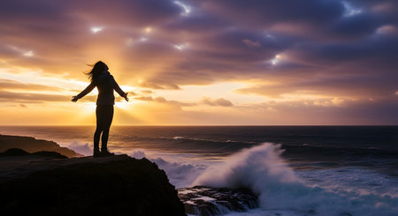 A silhouetted woman stands on the edge of a cliff with her arms outstretched, facing a dramatic sunset over a restless ocean. Crashing waves and a beautiful sky with golden light create a powerful and inspiring scene. This image symbolizes freedom, joy, success, and embracing nature.の素材