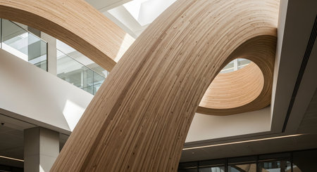 The interior of a contemporary building featuring a massive, sculptural wooden installation that curves and flows through the open space. The modern architecture is characterized by white walls, glass balconies, and ample natural light from above. This image showcases innovative design, modern construction, and the use of natural materials.の素材