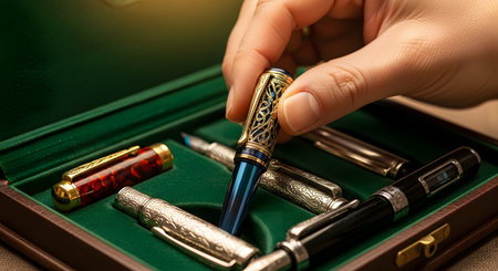 A hand carefully selects an ornate blue and gold filigree fountain pen from a luxurious collection housed in a dark wood case with a green felt interior. This image represents the hobby of pen collecting, luxury writing instruments, and an appreciation for fine craftsmanship.の素材
